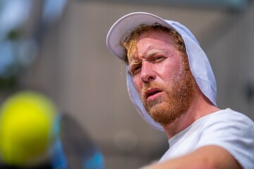 tennis player, swinging at a tennis ball, close up, while sweating, in melbourne australia.