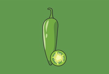 flat cartoon jalapeño vector. Hot green chili pepper on green background. Mexican spice