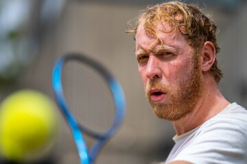 tennis player, swinging at a tennis ball, close up, while sweating, in melbourne australia.