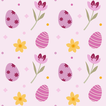 Cute Easters pattern with daffodils and crocuses. Seamless Spring background with Flowers & Egg.