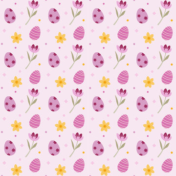 Easter Flowers & Eggs pattern. Seamless Spring background with daffodils and crocuses.