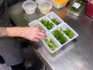 Cook selecting aromatic herbs from a plastic organizer in a kitchen