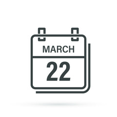 March 22, Calendar icon with shadow. Day, month. Flat vector illustration.