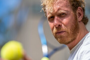 tennis player, swinging at a tennis ball, close up, while sweating, in melbourne australia.