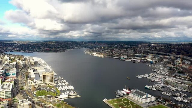 Aerial of Seattle's beautiful Lake Union on a cloudy and sunny day.