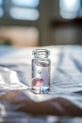 A bottle of cosmetic gel on a pink background.