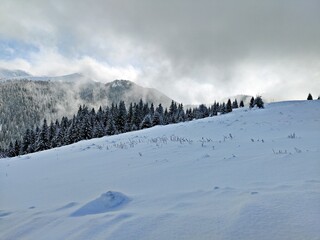 Fototapeta premium Winter in the mountains. Hiking during wintertime. Snow storm in the high mountains
