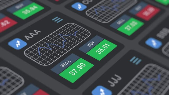 close-up of a computer screen, web interface for a financial app, realtime stock market data and charts, concept of online trading, dark theme (3d render)