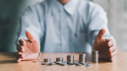 Savings protection, close up of female hands covering stack of coins, saving money and investment...