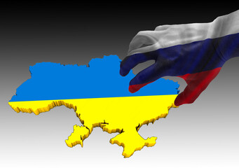 Illustration of Russian aggression on Ukraine. Russian ukranian conflict, war. Russian hand grabs Ukraine. Flag colours. Map of war and occupation in Ukraine.