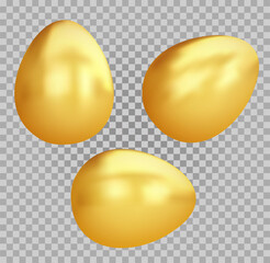 Set stylized funny cartoon vector golden eggs isolated on transparent background. Children clay, plastic or soft toy. Collection colorful design element different view. Realistic 3d illustration.