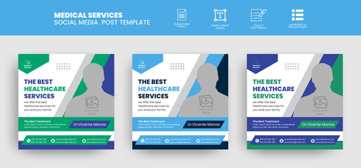 Healthcare medical social media post and web banner design template, 