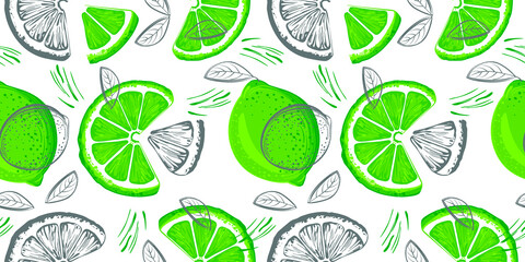 Lime seamless pattern. Colorful sketch lemons. Citrus fruit background. Elements for menu, greeting cards, wrapping paper, cosmetics packaging, posters etc