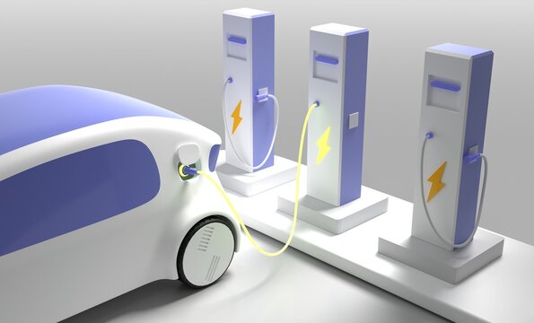 Electric car on charging station with plug in glow cable. Future vehicle on ev refueling service, eco energy fuel selling for city auto, 3d render illustration. Hybrid automobile at battery charger