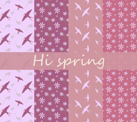 set of patterns on the theme of spring. depicted flowers, birds on a pink background