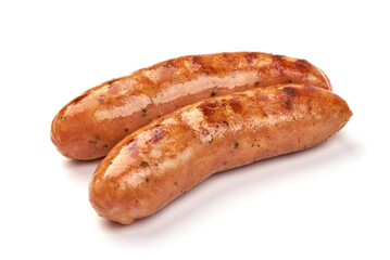 Grilled bavarian sausages, isolated on white background.