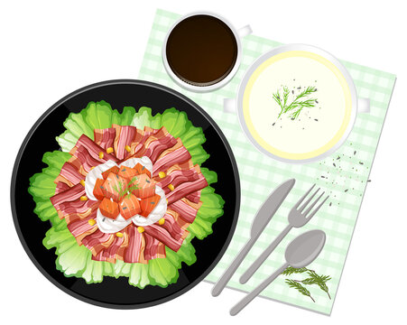 food arrangement: salad, soup, coffee, cutlery clip art preview