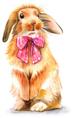 Easter bunny with bow watercolor illustration, rabbit portrait isolated white background