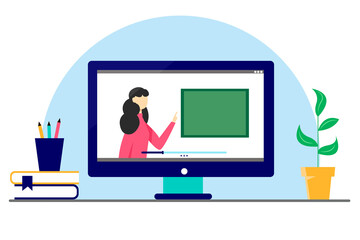 Online learning concept. The teacher conducts the lesson online. flat style illustration.