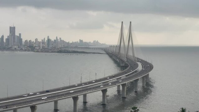 Bandra Worli Sea Link,  Rajiv Gandhi Sea Link Crosses The Mahim Bay In Mumbai, Maharashtra, India. - wide shot