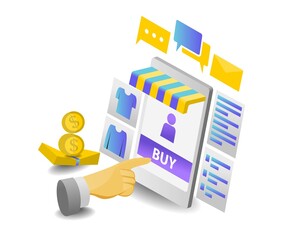 Isometric style illustration of buying via mobile phone online shop