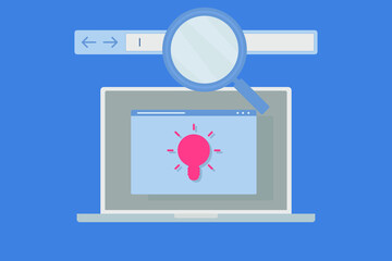 Laptop computer with search engine page on screen with light bulb symbol. Concept of online search, website and seeking information on internet concept. Vector illustration.