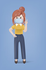 3d illustration cartoon young woman wearing a medical face mask to protection from covid-19.