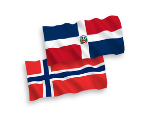 Fototapeta na wymiar National vector fabric wave flags of Norway and Dominican Republic isolated on white background. 1 to 2 proportion.
