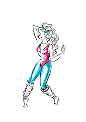 One woman in sportswear and pose of retro 80s aerobics, fashion sketch color illustration isolated on white background
