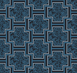 Seamless pattern with abstract roses, vintage art nouveau blue and black floral and geometric ornament