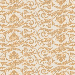 Seamless pattern in ivory beige ang gold yellow, vintage Victorian floral ornament of flowers, scrolls and swirls