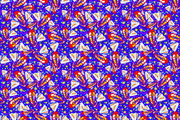 Seamless wallpaper with multicolored guppy pattern on bright blue background.