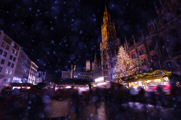 Christmas market at night in Munich on Marienplatz