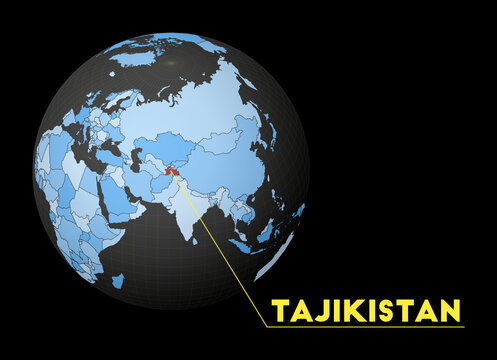 Tajikistan on dark globe with blue world map. Red country highlighted. Satellite world view centered to Tajikistan with country name. Vector Illustration.