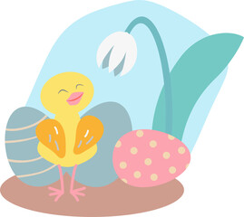 Vector illustration of Easter eggs, chicken and spring flower. Easter Illustrations