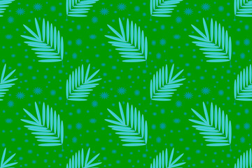 Seamless light blue leaf pattern, cute pattern on green background, fern leaves, herbs, forests, plants, elegant soft woven fabric, backdrop wrapping paper.