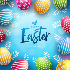 Vector Illustration of Happy Easter Holiday with Colorful Painted Egg and Typography Letter on Shiny Light Blue Background. Easter Day Celebration Design for Flyer, Greeting Card, Banner, Holiday