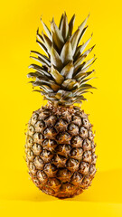Beautiful fresh pineapple isolated on yellow background. Summer seasonal fruit design idea pattern concept. Copy space, close up