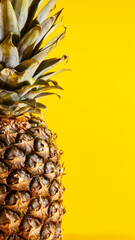 Beautiful fresh pineapple isolated on yellow background. Summer seasonal fruit design idea pattern concept. Copy space, close up