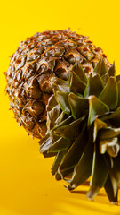 Beautiful fresh pineapple isolated on yellow background. Summer seasonal fruit design idea pattern concept. Copy space, close up