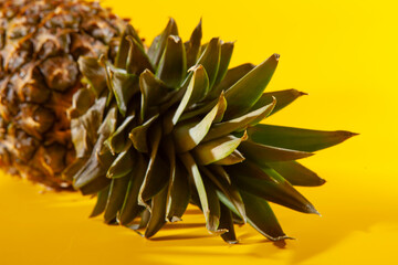 Beautiful fresh pineapple isolated on yellow background. Summer seasonal fruit design idea pattern concept. Copy space, close up