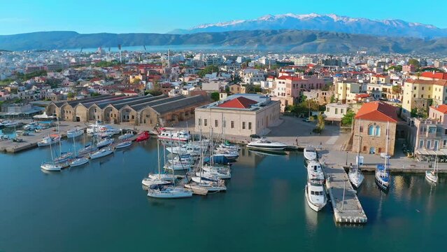 Chania Crete island old harbor aerial view. Boats and yachts docked in port