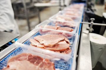 Pork steaks in package on conveyor in meat factory.