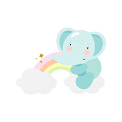 Cute Elephant on a Rainbow. For kids stuff, card, posters, banners, books, printing on the pack, printing on clothes, fabric, wallpaper, textile or dishes. Vector illustration.