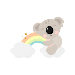 Cute Koala on a Rainbow. For kids stuff, card, posters, banners, books, printing on the pack, printing on clothes, fabric, wallpaper, textile or dishes. Vector illustration.