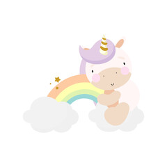 Magic Unicorn on a Rainbow. For kids stuff, card, posters, banners, books, printing on the pack, printing on clothes, fabric, wallpaper, textile or dishes. Vector illustration.