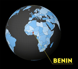 Benin highlighted on a dark globe with a blue world map. A satellite view centered on Benin with the country name displayed. Vector illustration.