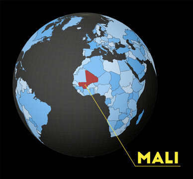 Mali on dark globe with blue world map. Red country highlighted. Satellite world view centered to Mali with country name. Vector Illustration.