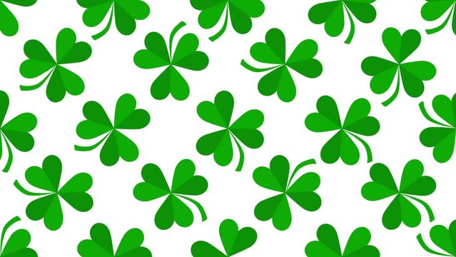 Motion green Saint Patrick shamrocks pattern, national Ireland holidays style background