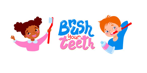 A girl with a toothbrush and paste and a boy brushes his teeth. Lettering - brush your teeth, vector illustration..Dental health and oral hygiene concept poster design.
